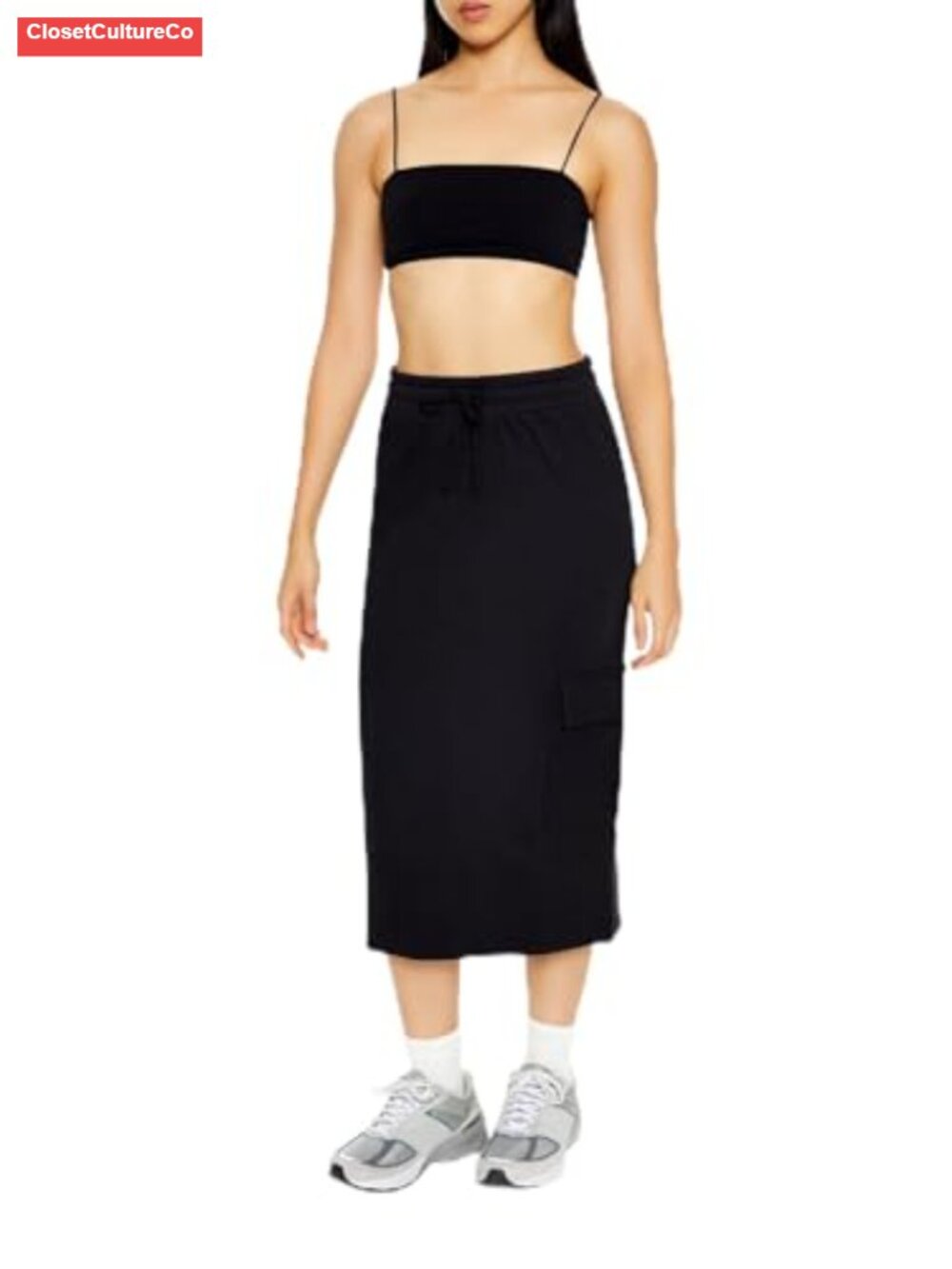 Fleece Cargo Midi Skirt with Elastic Waist and Side Pockets